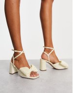 Hitched bow detail mid block heeled sandals in ivory