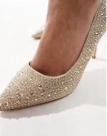 pointed court shoes with rhinesone embellishment in gold