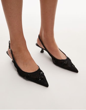 beaded pointed sling back kitten heel in black