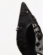 beaded pointed sling back kitten heel in black