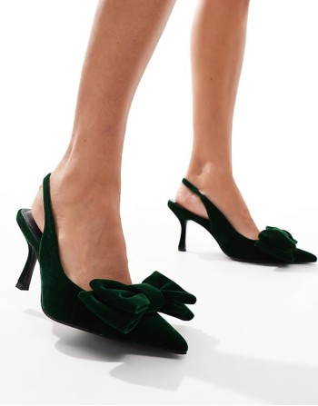 Wide Fit Sapphire bow detail mid heeled shoes in green