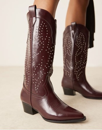 studded western knee boots in burgundy