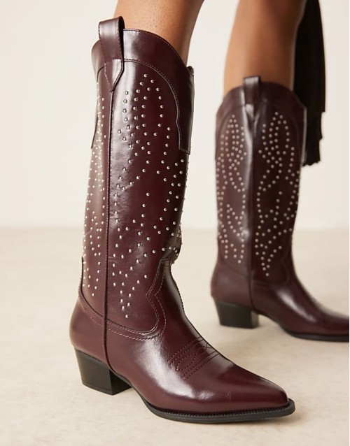 studded western knee boots in burgundy