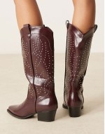 studded western knee boots in burgundy