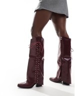 foldover western heeled knee boots with lace up bow in burgundy