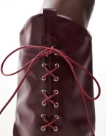 foldover western heeled knee boots with lace up bow in burgundy