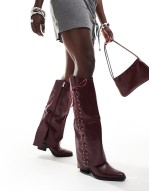 foldover western heeled knee boots with lace up bow in burgundy