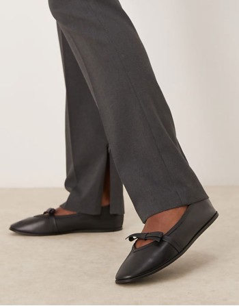soft leather bow detail flat ballet pumps in black
