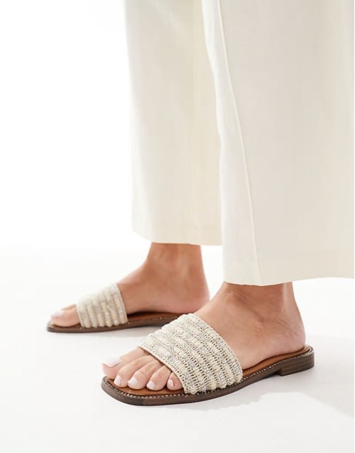 Owl beaded detail flat sandals in beige